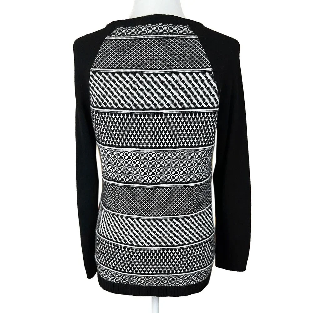 Talbots Crew Neck Sweater Size M Black White Geometric Knit Lambswool Blend